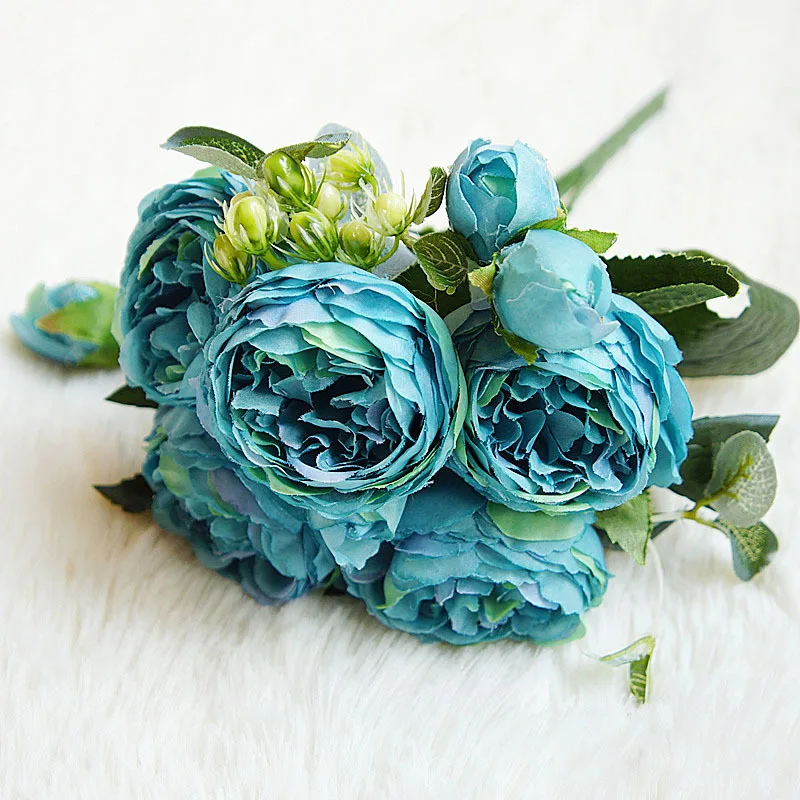 Blue ROSEWELL, новинка, шелковые пионы, розы, искусственные цветы, букет, 5 больших головок и 4 бутона, свадебные, рождественские украшения для дома, вечерние - Цвет: Blue