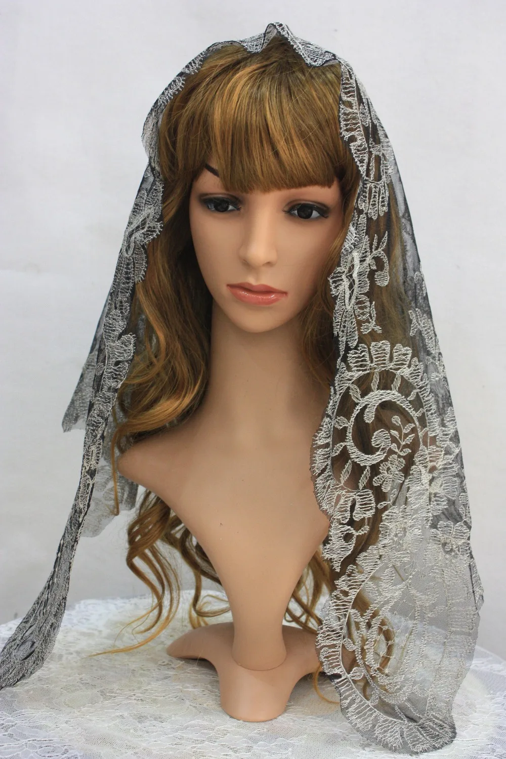 

Silver Traditional Embroidery Spanish Lace Mantilla