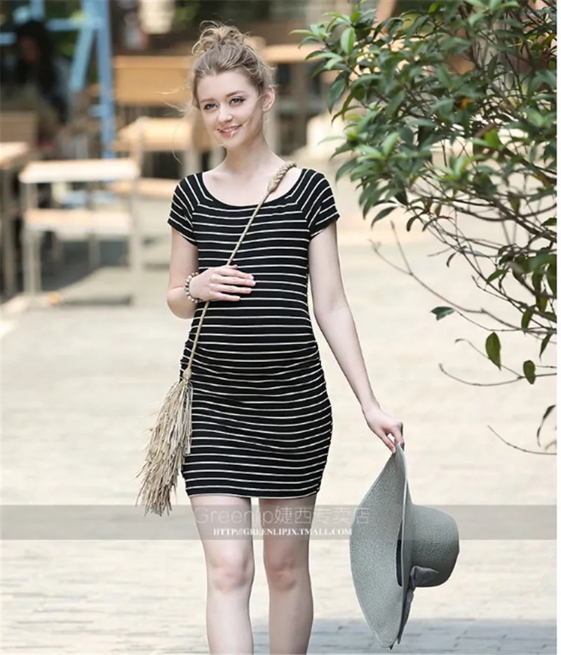 Poungdudu maternity pregnant women dress striped woven skirt slim loose European and American style | Мать и ребенок