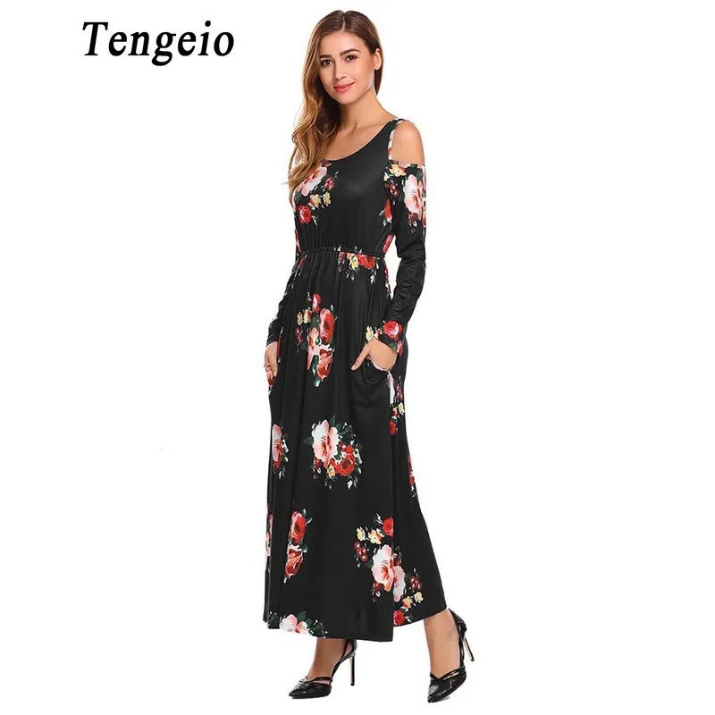 Tengeio Для женщин зима шею Cold Shoulder Dress Повседневное с длинным рукавом цветочным