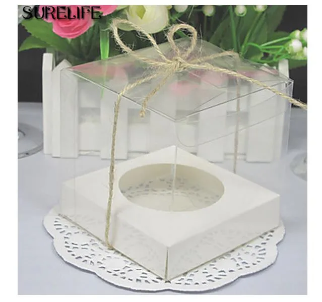 

9cm PVC Clear Cupcake Box Weddding Party Supplier Candy Cake Box Food Transport Packing Gift Box with Bottom Bracket and rope