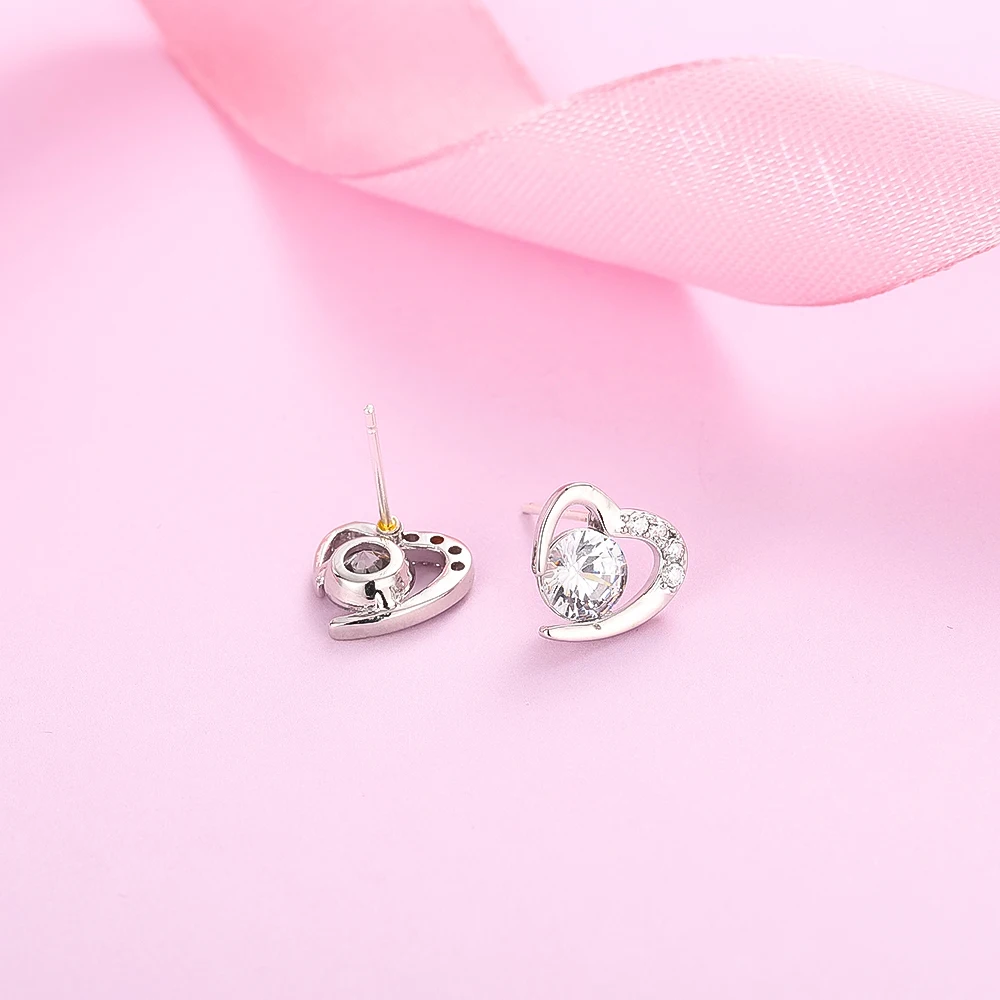 HIYONG Cute Love Heart Stud Earrings With Bright Crystal Korean Earring With Silver Color Cubic Zirconia Crystal Stone For Women |