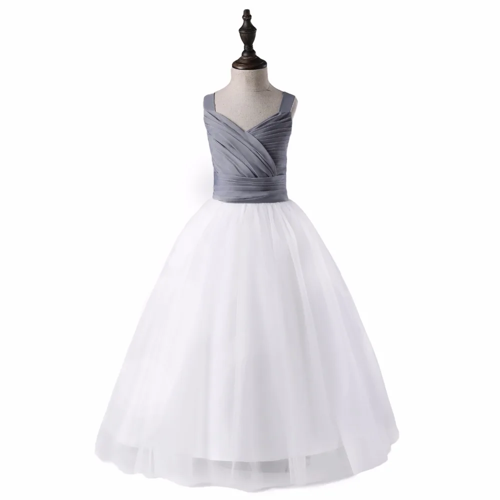2019 Flower Girl Wedding Dress for toddler kids girl clothing Grey Tulle Pleat Dresses Sleeveless Floor Princess Lovely | Детская одежда