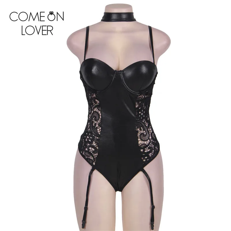 Comeonlover с лямкой на шее черный искусственная кожа боди для женщин косточках