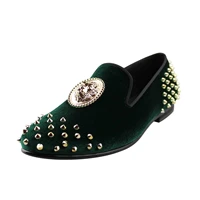 harpelunde men spike shoes green velvet loafer slippers animal buckle footwear