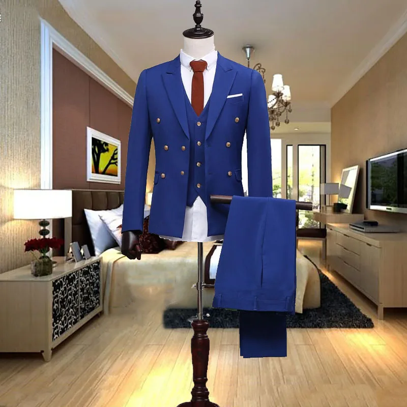 2018 custom made men suits royal blue peaked lapel double breasted tailor made terno smart casual male tuxedos formal 3 pieces