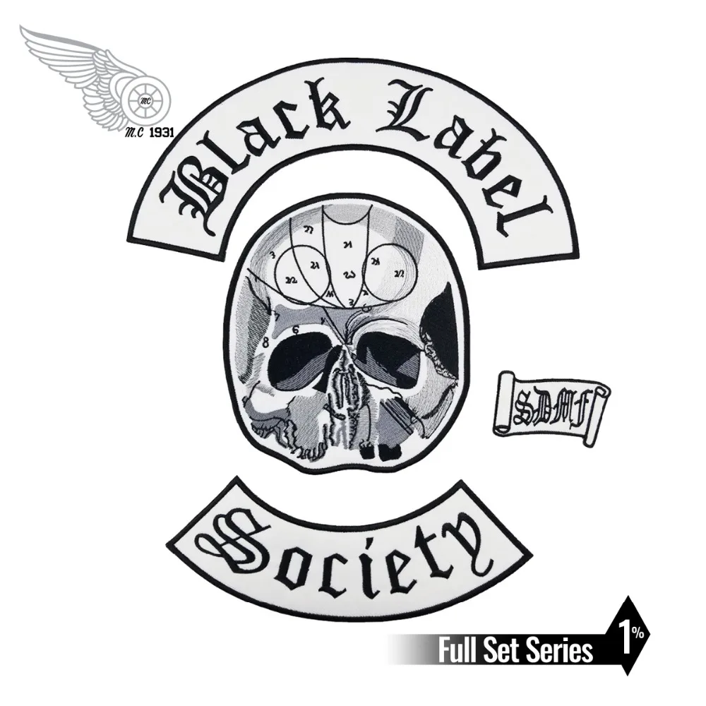 Черная этикетка society патч Байкер для мужской жилет одежда череп голова рокер нашивки рок и нашивка в стиле панк вышивка 4 шт. как комплект