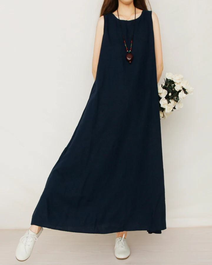 Fashion 2017 New Cotton Linen Vintage Dress Summer Women Casual Loose Long Maxi Dresses Pure Color Plus Size A216 | Женская одежда
