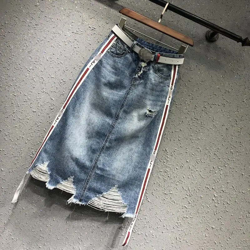 2018 Новый high street Женщины Юбки Леди Мода отверстия Империя синий деним до колен