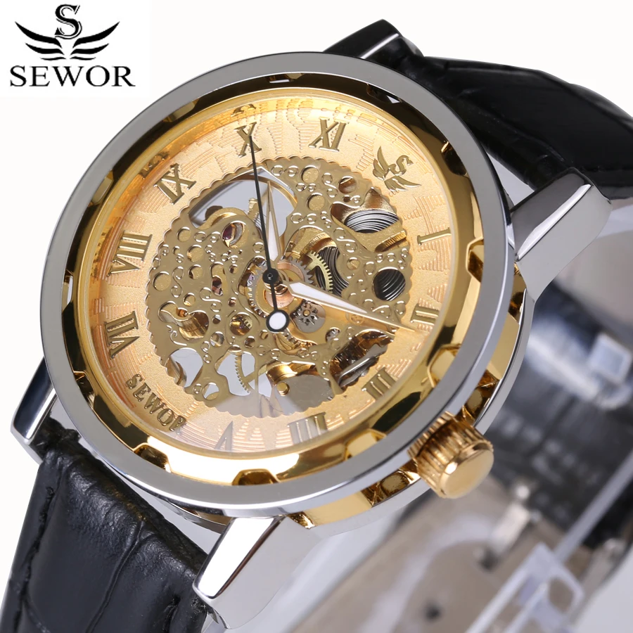 

SEWOR Black Gold Male Clock Men Relogios Skeleton Mens Watches Top Brand Luxury Montre Leather Wristwatch Men Mechanical Watch