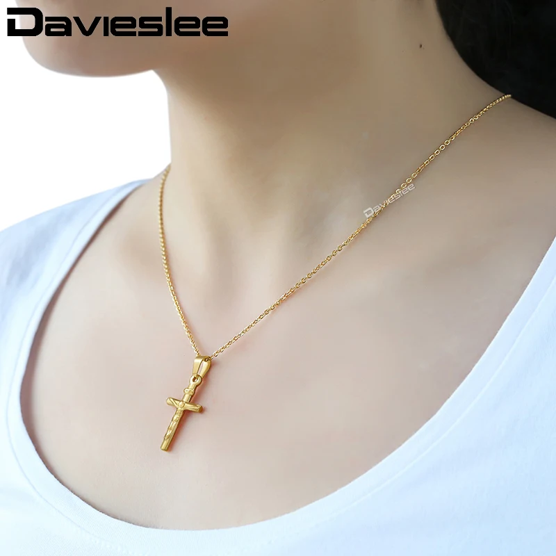 Davieslee Jesus Christ Cross Pendant Necklace for Women Gold Silver Color Stainless Steel Chain Rolo Link LKNM148 | Украшения и
