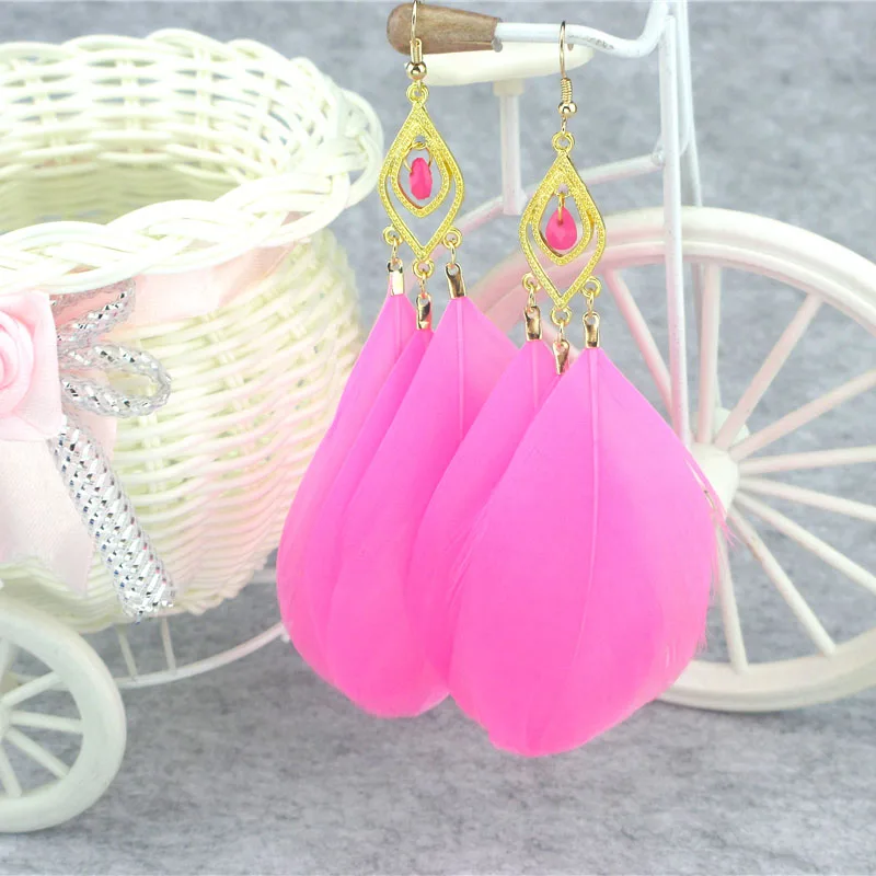 Женские винтажные серьги-подвески в богемном стиле большие с перьями ювелирные