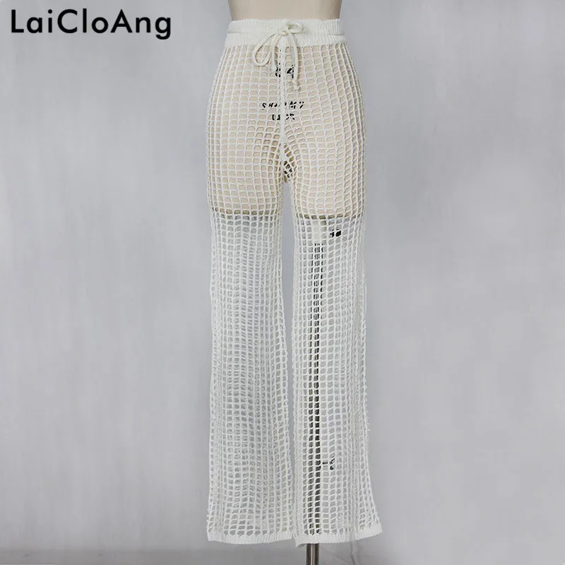 LaiCloAng, выдалбливают, вязанные, высокая талия, брюки для женщин, на завязках, хлопок, сексуальные, женские брюки, свободные, пляжные, повседневные, женские штаны - Цвет: Белый