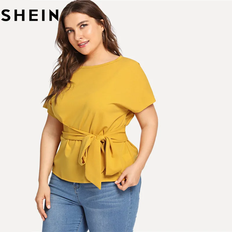 SHEIN Повседневная Блузка Размера Плюс С Поясом, Яркая Однотонная Блузка С Коротким Рукавом