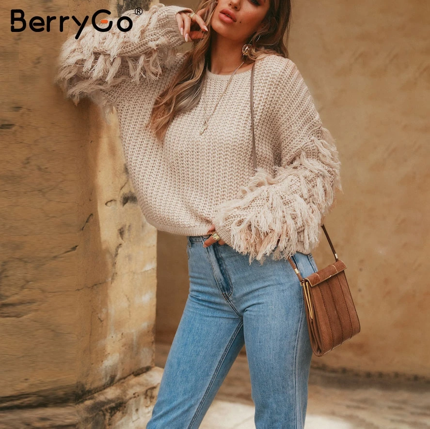 Женский свитер с длинным рукавом BerryGo повседневный армейский зеленый круглым