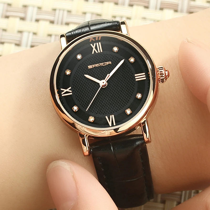 SANDA брендовые модные кожаные часы женские с кристаллами Элегантные наручные Geneva