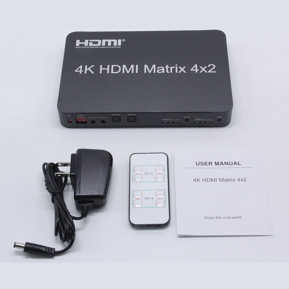 4K HDMI Matrix 4x2 EDID 3840*2160/30Hz поддерживает независимый аудиовыход по оптическому волокну или стерео головному телефону одновременно