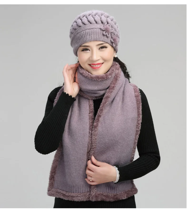 

New Arrival Fashion Warm Hat Scarf Female Winter Rabbit Wool Cap Grandma Warm Knitted Winter Velvet Mother Hat Scarf B-7756
