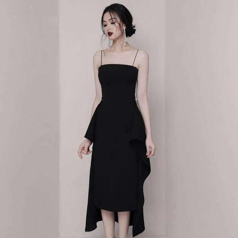 Elegant Black Cami Dress Knee Length Mid Slim Fit Spaghetti Strap 2019 Summer Women Slash Neck Beading Irregular Dresses | Женская