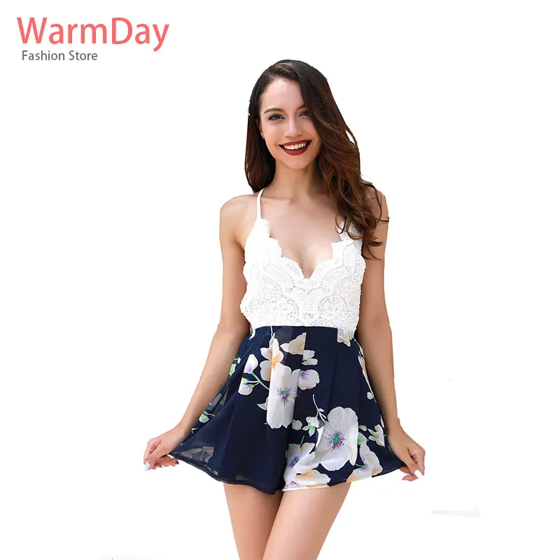 warmday 2019 summer party casual women elegant lace ladies wide leg short jumpsuits streetwear chiffon print floral sexy jumsuit | Женская