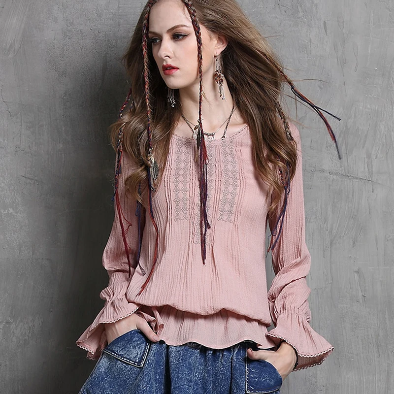 Blusa Feminina Yuzi осень винтажный хлопок блузка с круглым вырезом вышивка рукав бабочка