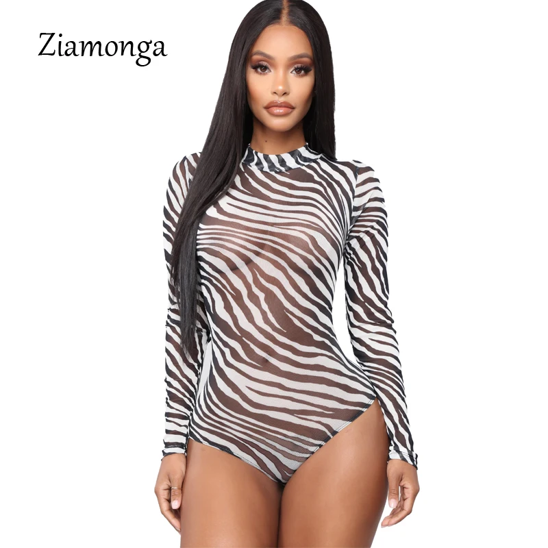 Ziamonga зебра с длинным рукавом для женщин боди высоким воротником Sexy Тонкий Топ