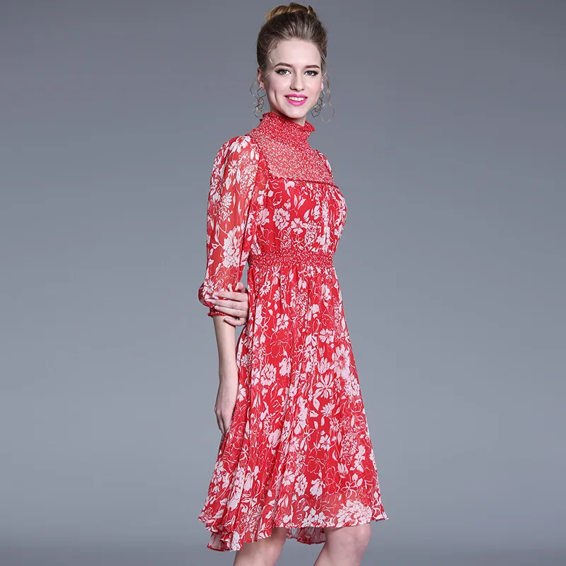 AOFULI Brand Summer Dress Plus size L- XXXL 4XL 5XL 2019 Women 3/4 Sleeve Stand Collar Red Floral Runway Elegant Chiffon Dresses | Женская