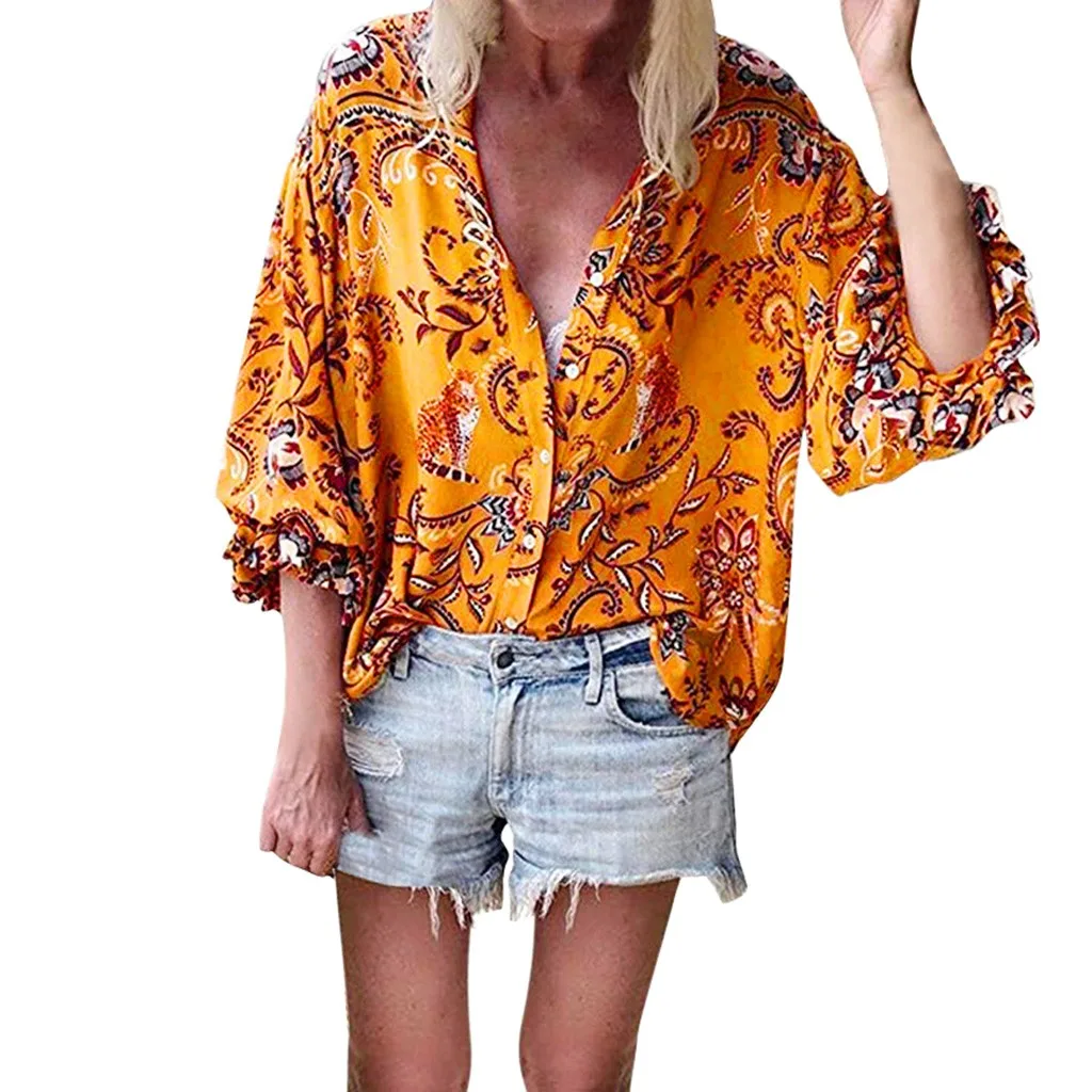 JAYCOSIN Blouse Womens Button sexy V-Neck Floral Print Tops Ruffle Sleeve Summer Shirt Blouses Femme Streetwear 2019 new fashion | Женская