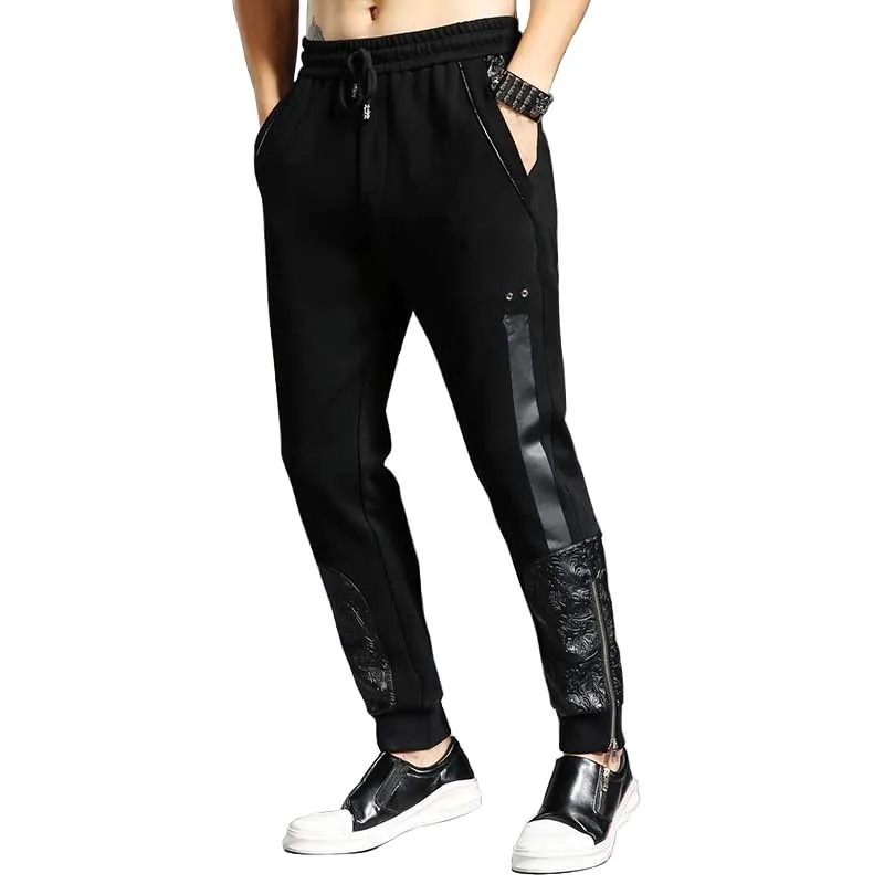 Осень лоскутное ПУ Printed Joggers Штаны нога молния Для мужчин Повседневное Slim Fit