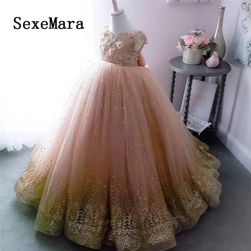 Sparkly Luxurious Flower Girl Dresses 2019 Pearls Beaded Lace Little Pageant Party Gowns Birthday Dress Custom Made | Детская одежда и