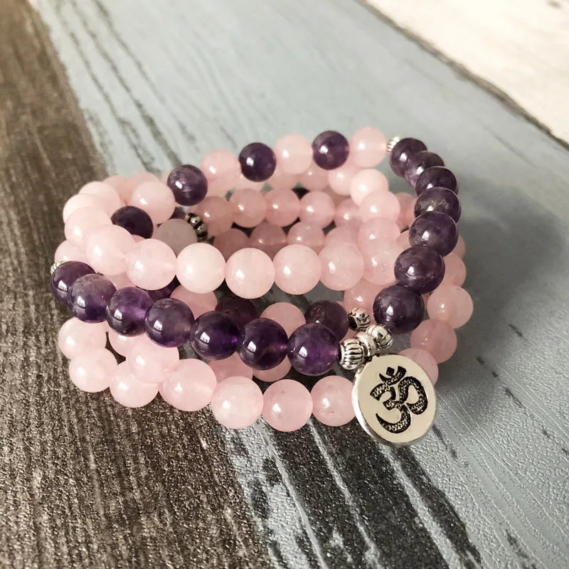 Женский браслет с розовым кварцем и аметистом розовый бусинами 108|bracelets for|pink