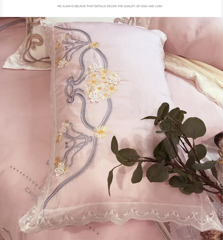 Modern Egyptian cotton Embroidery Bedding sets Queen King Tribute Silk Duvet cover Bed sheet set Pillowcases 4/6pcs pink blue | Дом и сад