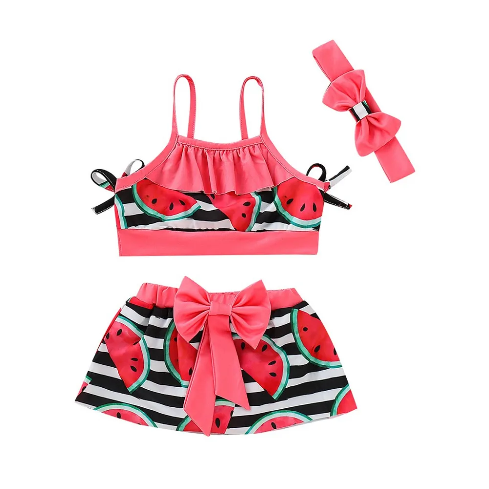 swimsuit kids girl Cotton Two piece Swimsuit bathing suit Bikini Suspender Tops Skirt Headbands set L0520 | Детская одежда и обувь
