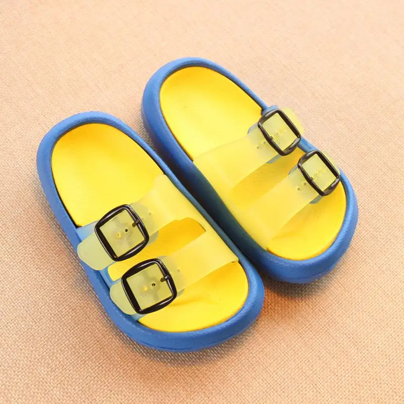 Blue Yellow Тапочки для детей; пляжные сандалии для девочек; летние тапочки для малышей; домашние шлепанцы на плоской подошве для мальчиков; детская Нескользящая домашняя повседневная обувь в Корейском стиле - Цвет: Blue Yellow
