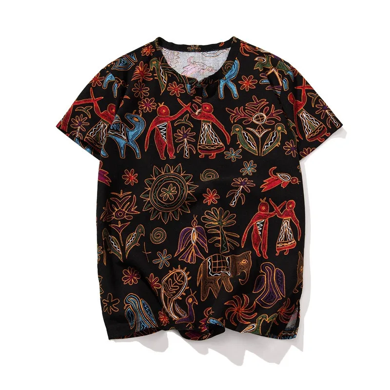 Летняя хлопковая льняная футболка с круглым вырезом и короткими рукавами для