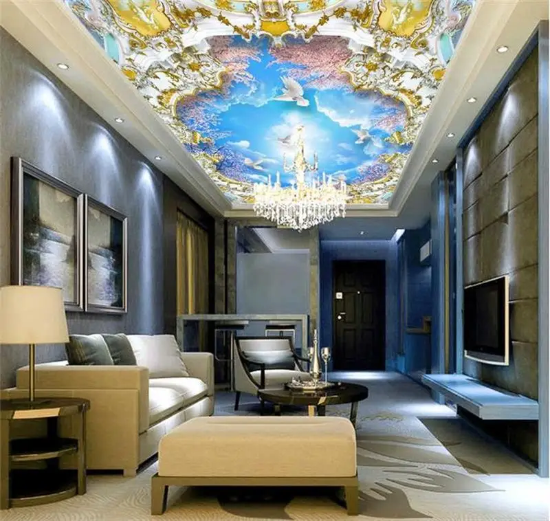 3d ceiling murals wallpaper custom photo non-woven Blue sky clouds cherry tree painting wall mural for living room | Обустройство