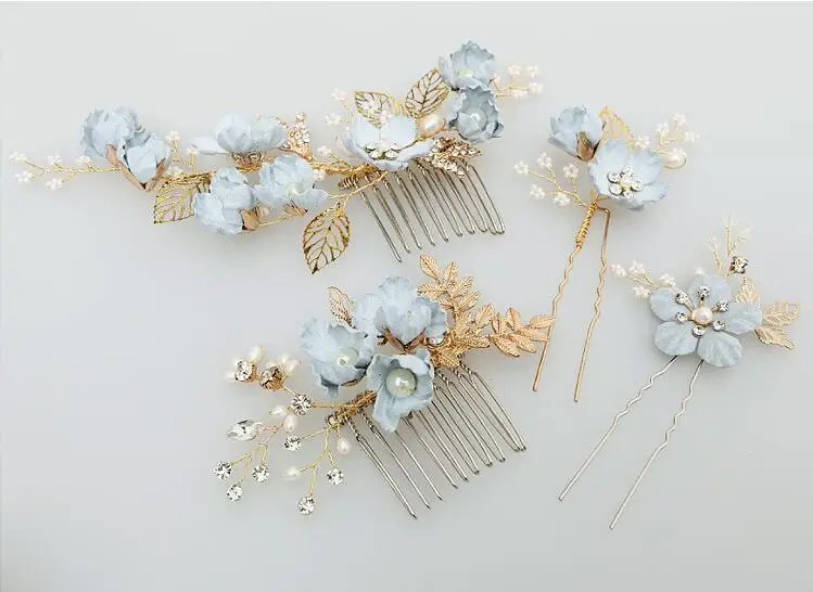 Light Blue Flowers Bridal Headpieces Comb Pearls Crystal Wedding Accessoires 4 pieces Romantic Beauty Hairclip DH019 - Цвет: as picture