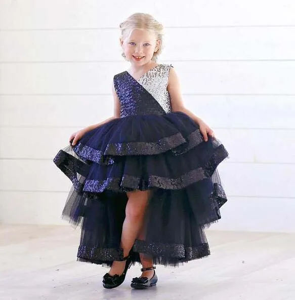 Sparkly High low Bling silver and black sequins V-neck flower girl dress tired toddler baby birthday party evening gown with bow | Детская