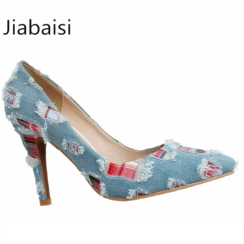 Jiabaisi обувь для женщин женские брендовые туфли-лодочки джинсы на высоком каблуке 9