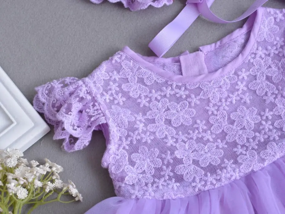 Purple Thin Lace Flowers Tulle Baby Girl Birthday Dress Princess Wedding Party Newborn Flower Headband Mini Coat Hat