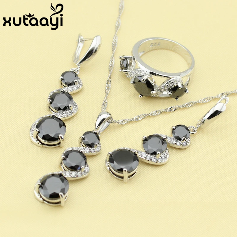 Fashion Women Wonderful Jewelry Sets  Silver Alluring  Black Cubic Zirconia Earring Ring Necklace Pendant Free Gift Box