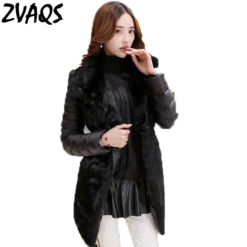 ZVAQS 2020 New Real Rabbit Fur Coats Elegant Women's PU Leather Winter Jacket Slim Female Plus Size Long Parkas ST027 | Женская