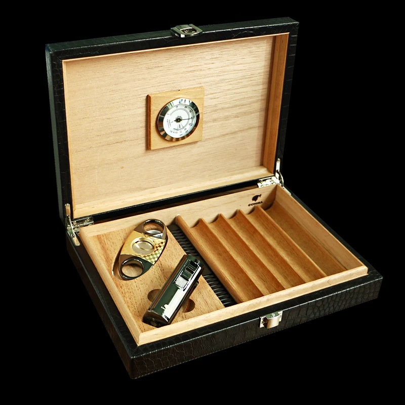 COHIBA Путешествия Черный крокодиловый узор кожа Кедр Дерево сигары гумидор с