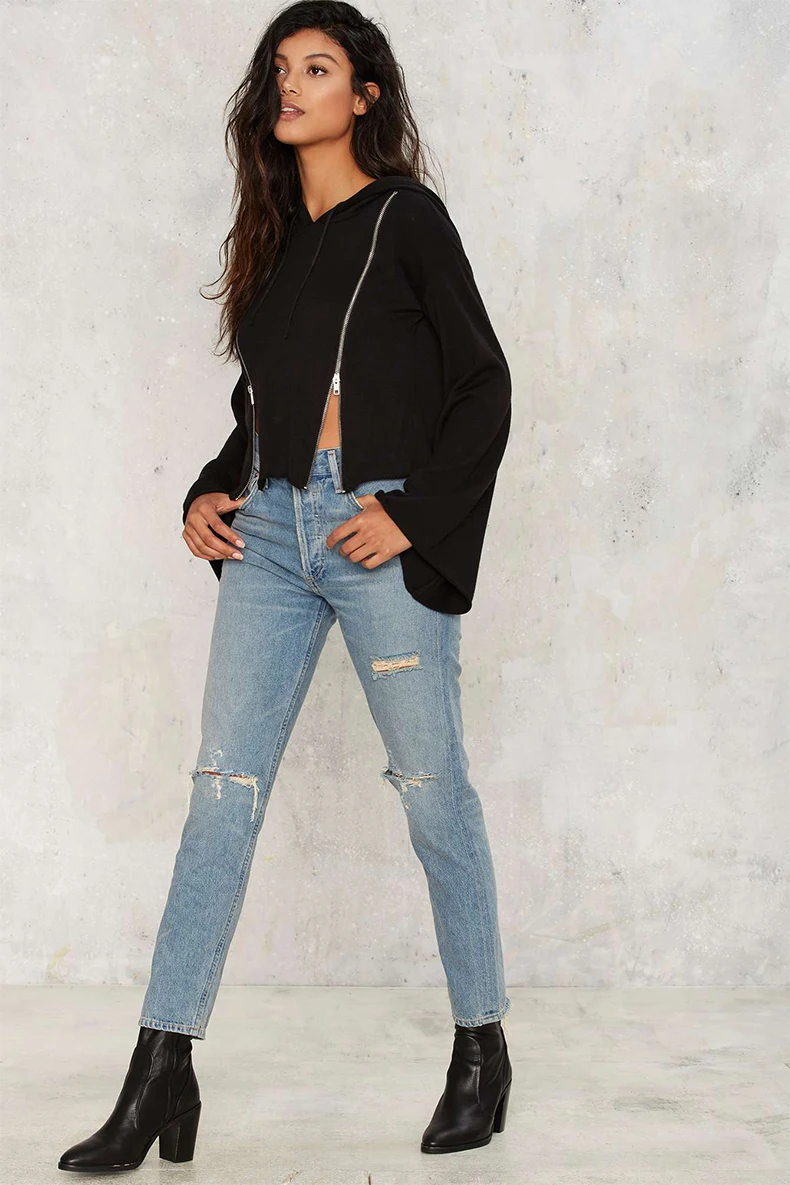EDGENSION New 2017 Spring Fashion Women Trumpet Sleeves Zip Slits Asymmetric Hoodies European Zipper Split Short Sweatshirts | Женская