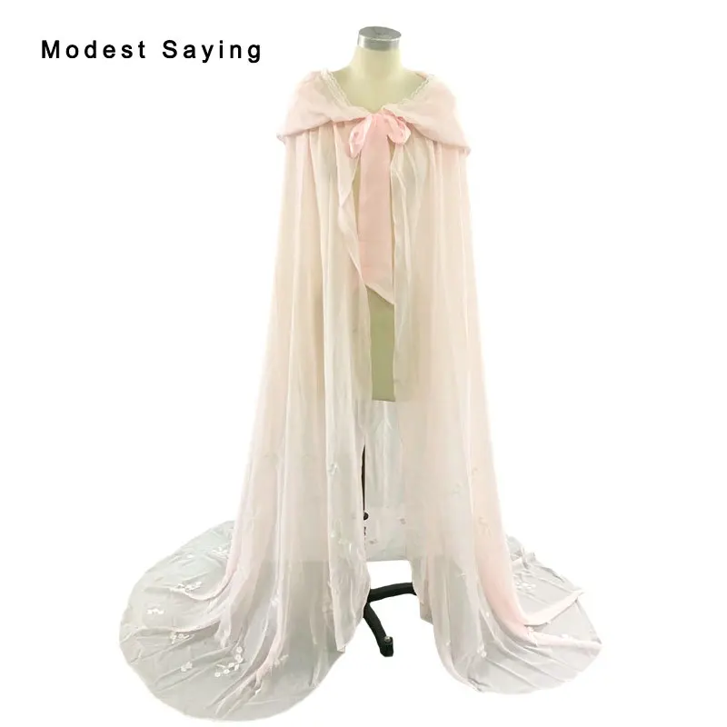 

Real Photo Pink Cloak Long Flowers winter Hooded Wedding Capes 2017 Chiffon Lace Bridal Wraps in fairy tale Bridal Shawls LB5