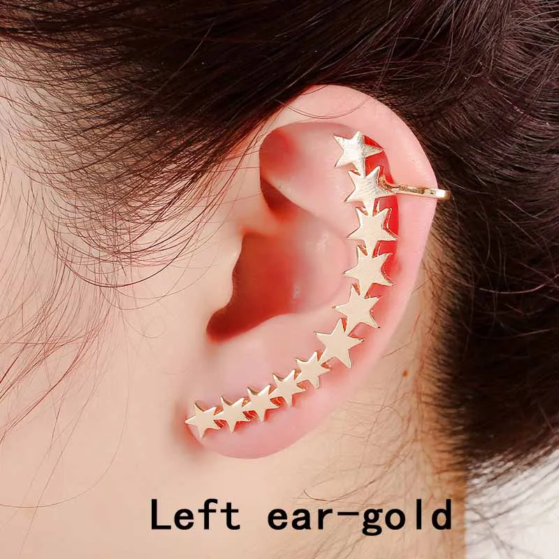 left ear gold Романтические женские серьги, модные 9 звезд, цинковый сплав, Кафф для ушей, подарок для девушек, изогнутые ювелирные изделия, аксессуары, клипсы, серьги - Окраска металла: left ear gold