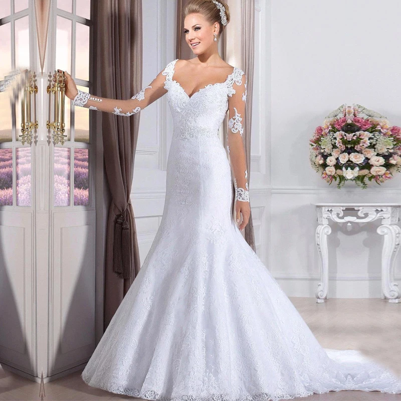 

vestido de noiva A line Sweetheart White Appliques Backless Lace Wedding Gowns 2015 Elegant Cheap Long Sleeve Wedding Dresses