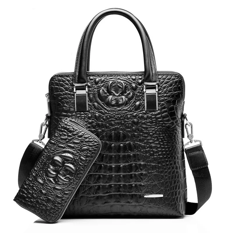 

New Men Business Handbags Laptop Bags Solid Color Briefcases Crocodile Leather Fashion Shoulder Bag 2 Sets
