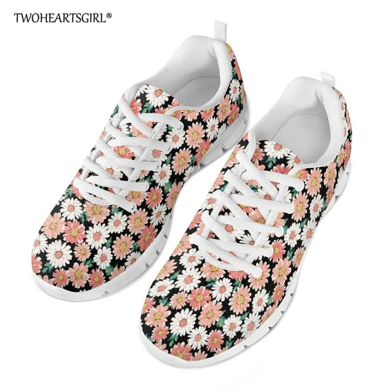 Twoheartsgirl Daisy Print Women Sneakers Casual Shoes Lace up Female Shoes Lightweight Comfortable Breathable Walking Sneakers