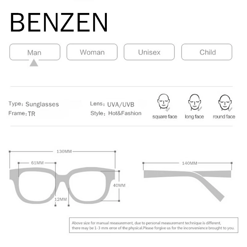 Мужские солнцезащитные очки без оправы BENZEN винтажные ультралегкие TR 90 с